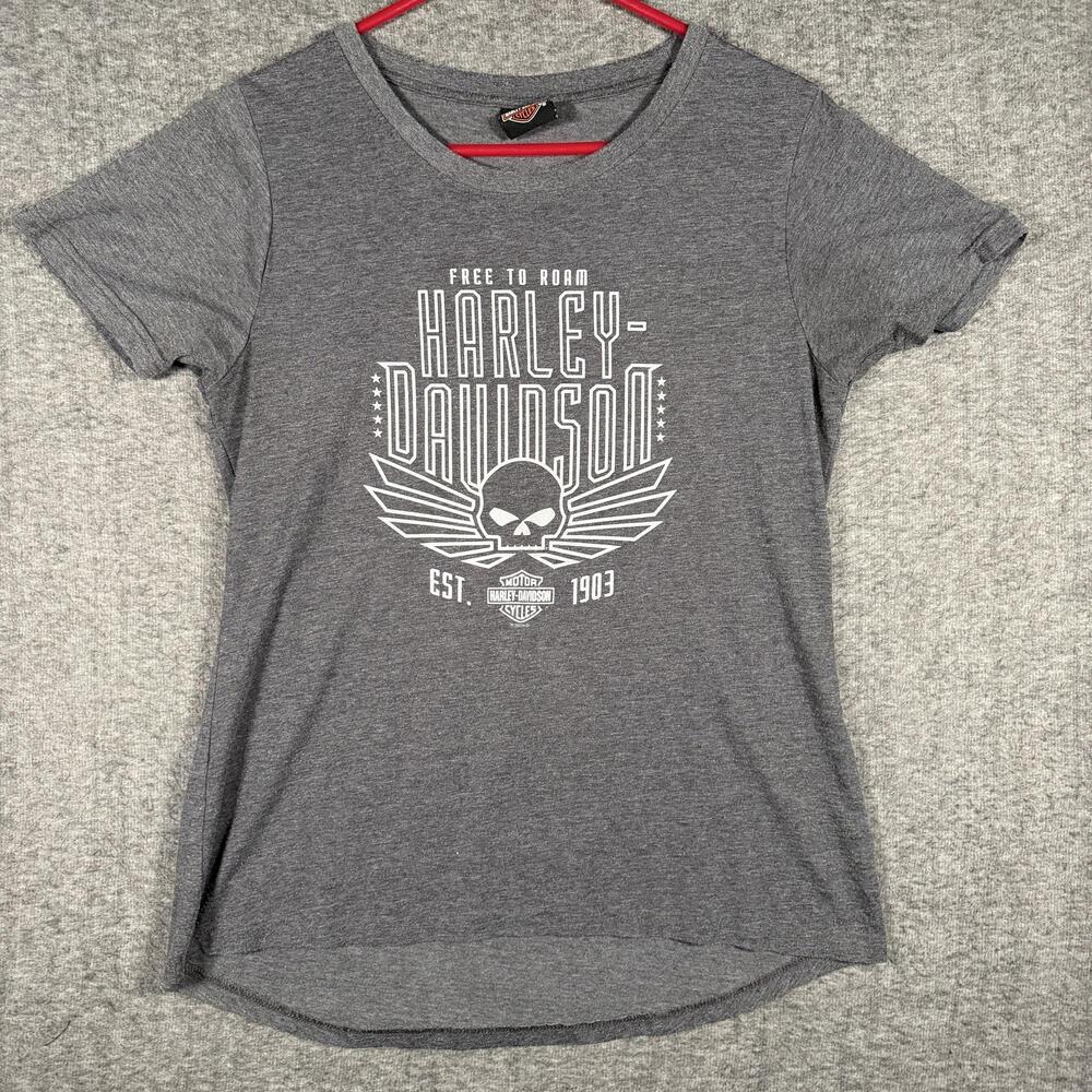 Harley-Davidson Womens L Gray Skull Graphic TY Shirt Buds Indiana Biker Willie G